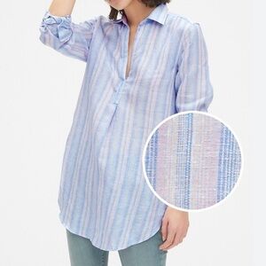 GAP Women's 100% Linen Striped Button Down Tunic Shirt - Blue and Pink Small